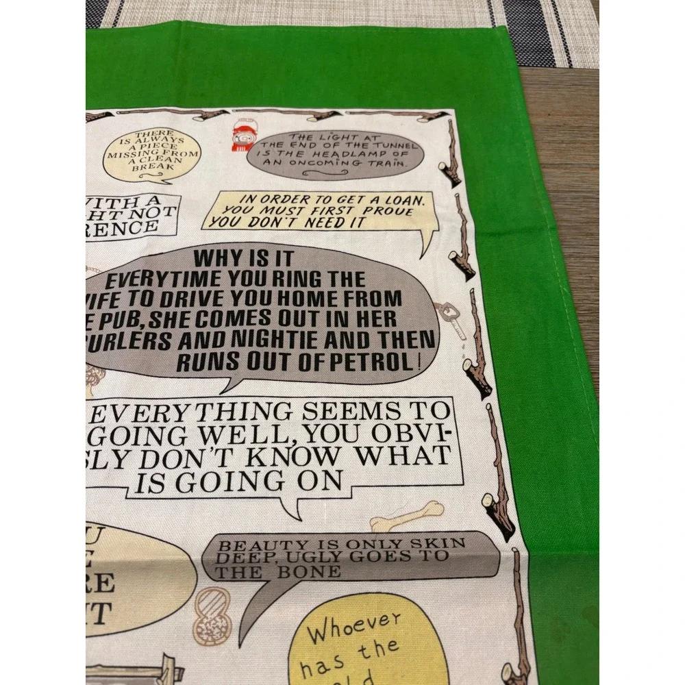 Vtg Murphy's Laws Irish Tea Towel Green Linen‎ Leprechaun Humorous Kitchen Decor